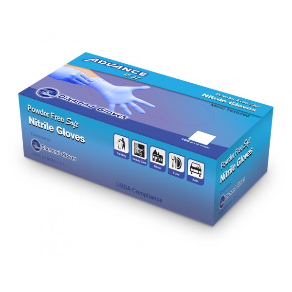 Advance Diamond Blue Nitrile Gloves - 100pcs/box, Case of 10 boxes